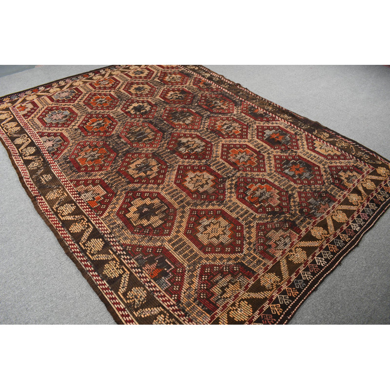 Grand tapis kilim turc rétro en brun - Style scandinave brodé pour le salon