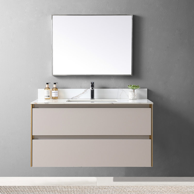 Plateau de meuble-lavabo en pierre frittée dorée 43 x 22 avec lavabo en céramique et dosseret en céramique 43 po x 22 po