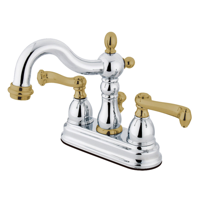 Kingston Brass Heritage Two-Handle 3-Hole Deck Mount 4" Centerset Bathroom Faucet with Plastic Pop-Up