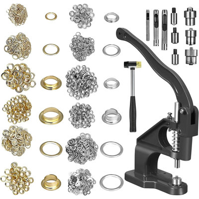 Hand Press Grommet Machine, Heavy Duty Grommet Tool Kit for Fabric, Punching Tool Kit with Rubber Hammer, 3 Punching Dies (#0#2#4), 3000 Silver & Gold Grommets (6,10,12mm)