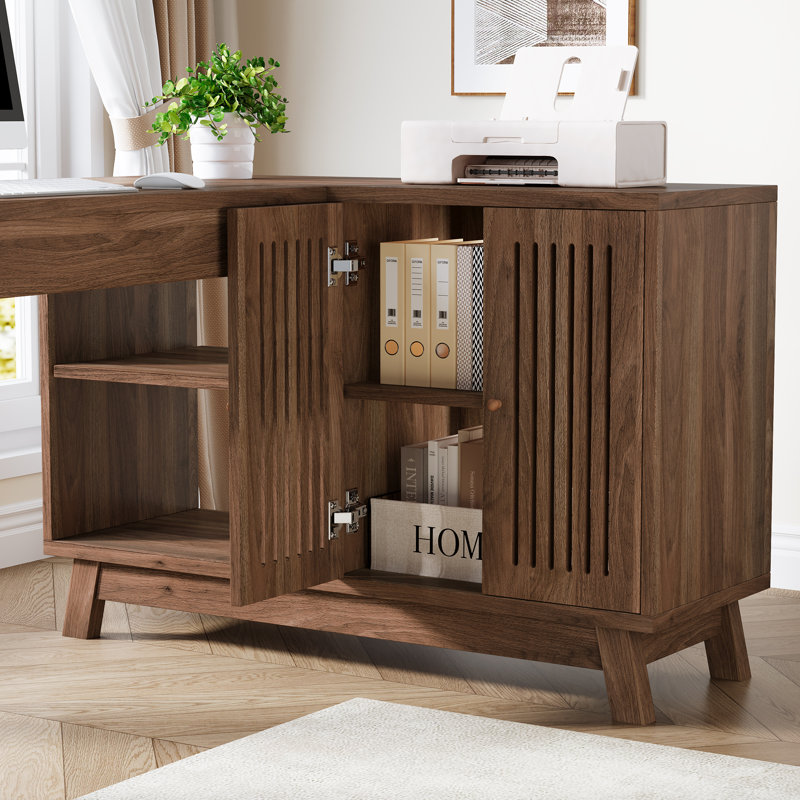 L-Shaped Desk With Storage Cabinet, Corner Home Office Desk, Walnut