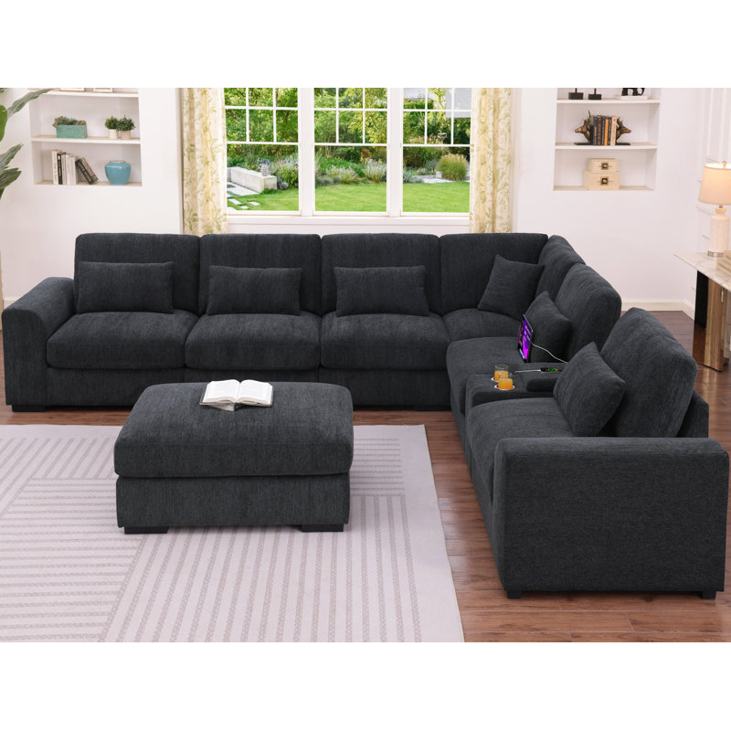 146" L-Shaped Sectional Couch With Movable Ottoman&6 Throw Pillow,7 Seat Chenille Upholstered Sofa W/2 Cup Holder,USB Port&Hidden Storage Box,DIY Combination,For Livingroom