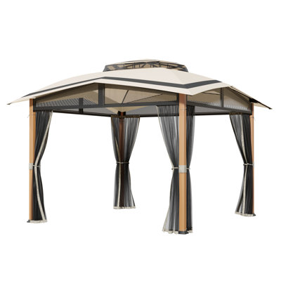 11 Ft. X 11 Ft. Octagon Gazebo With 2-tier Beige Canopy Roof, Steel Frame Soft Top Gazebo With Ceiling Hook And Mosquito Netting