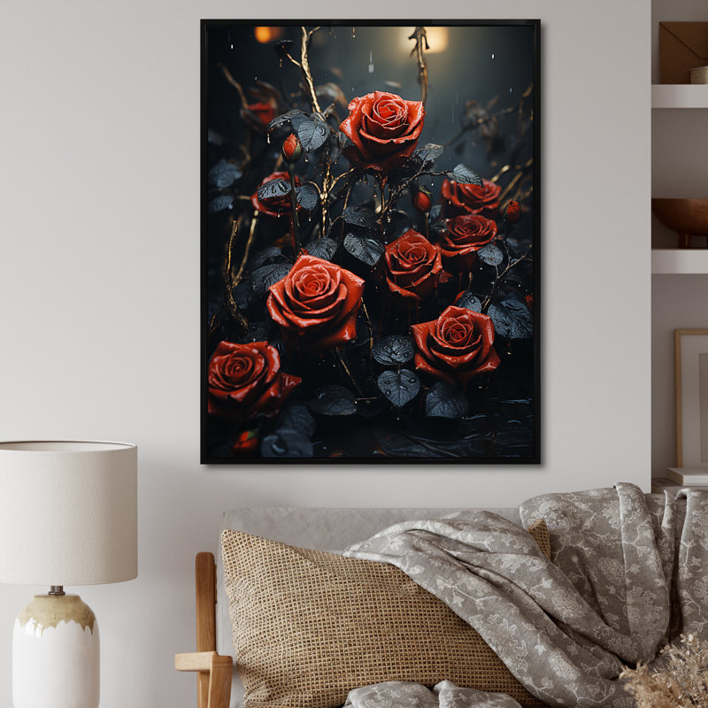 Midnight Mourningred Roses Bouquet - Roses, art mural, Cadre photo argenté, H 44 po x l 34 po x P 1,5 po
