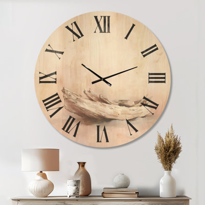 Horloge murale ronde beige de style côtier Driftwood Whisper, motif de bois