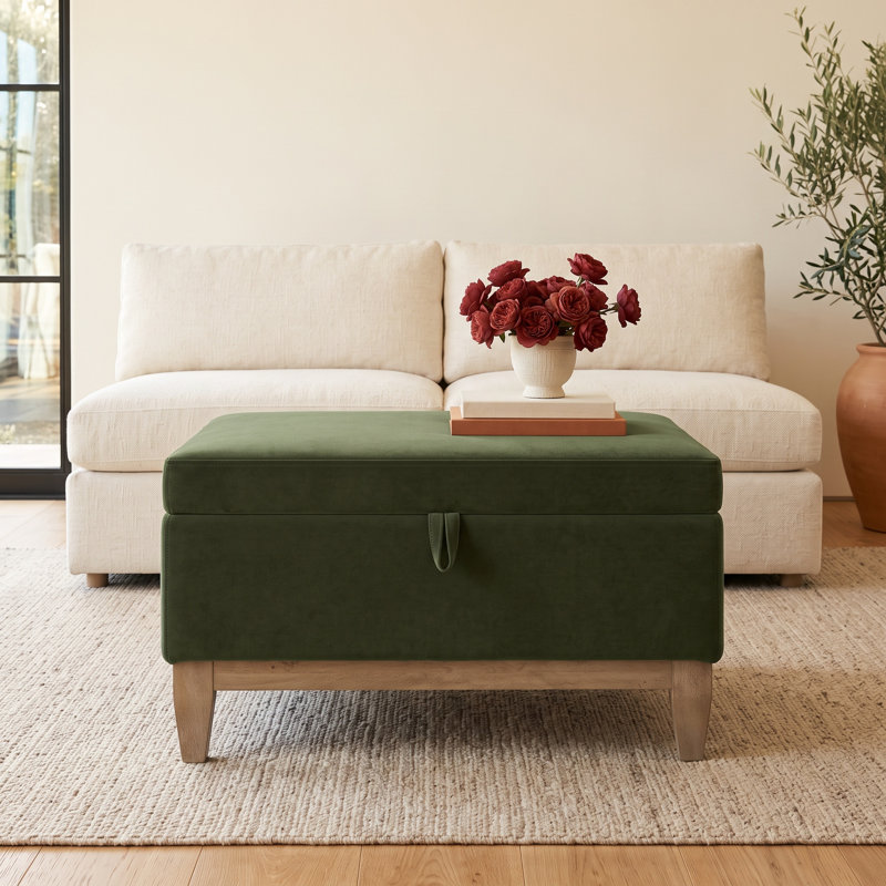 Pera Upholstered Velvet Storage Ottoman, Olive Green Velvet