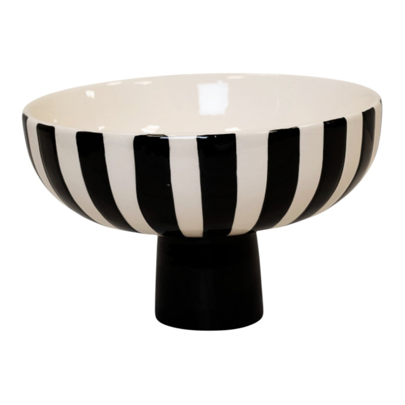 Green & White Striped Ceramic Pedestal Bowl 21cm, White/Deep Blue