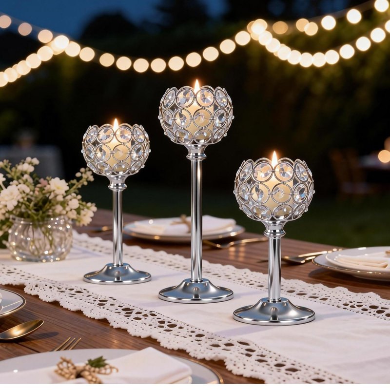 Set Of 6 Silver Crystal Candle Holders