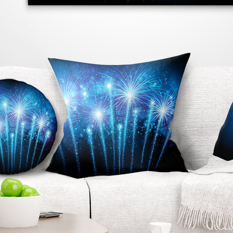 Feux d'artifice bleus au ciel nocturne - coussin à imprimé paysage, 16 po x 1 po, Coussin décoratif