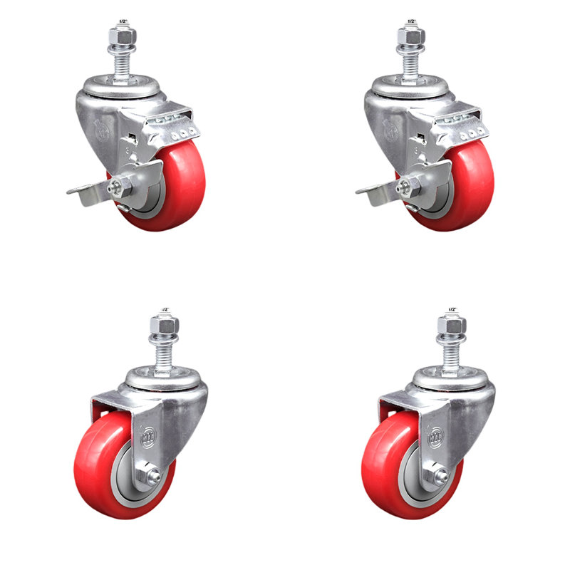 Ensemble de roulettes à tige filetée 3 pouces en polyuréthane rouge pivotant ½ pouce 2 freins SCC
