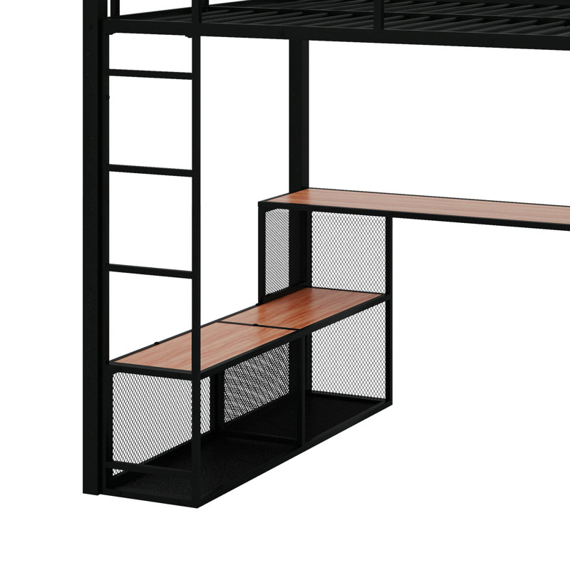 Lit mezzanine double en métal avec tablettes et garde-robe