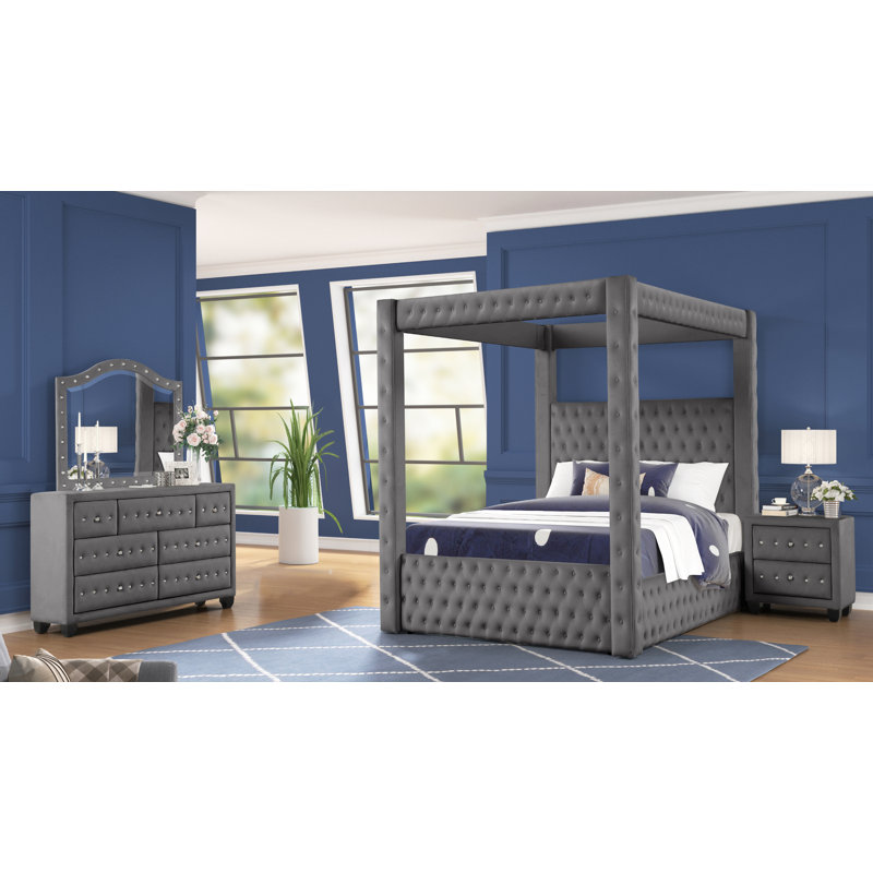 Ensemble de chambre à coucher à baldaquin 4 pièces Janeece, Crème, Double