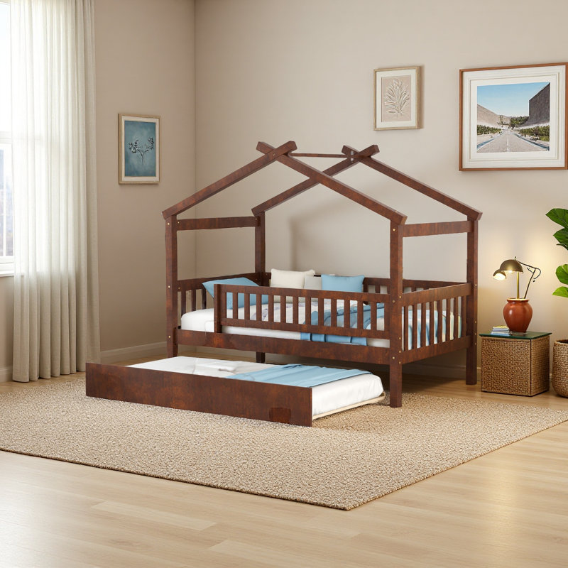 Wooden House Bed With Trundle, Walnut, Twin