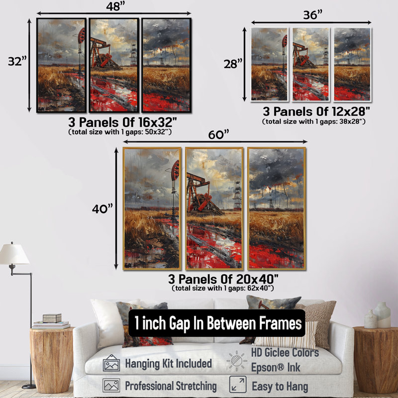 «Red Winter Oil Fields Industrial Icon I», ensemble d'art mural, Toile naturelle avec cadre flottant