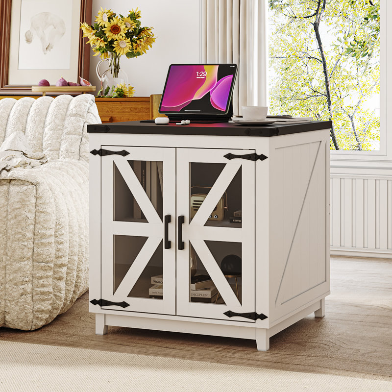 End Table With Charging Station, Black Top/ White Base