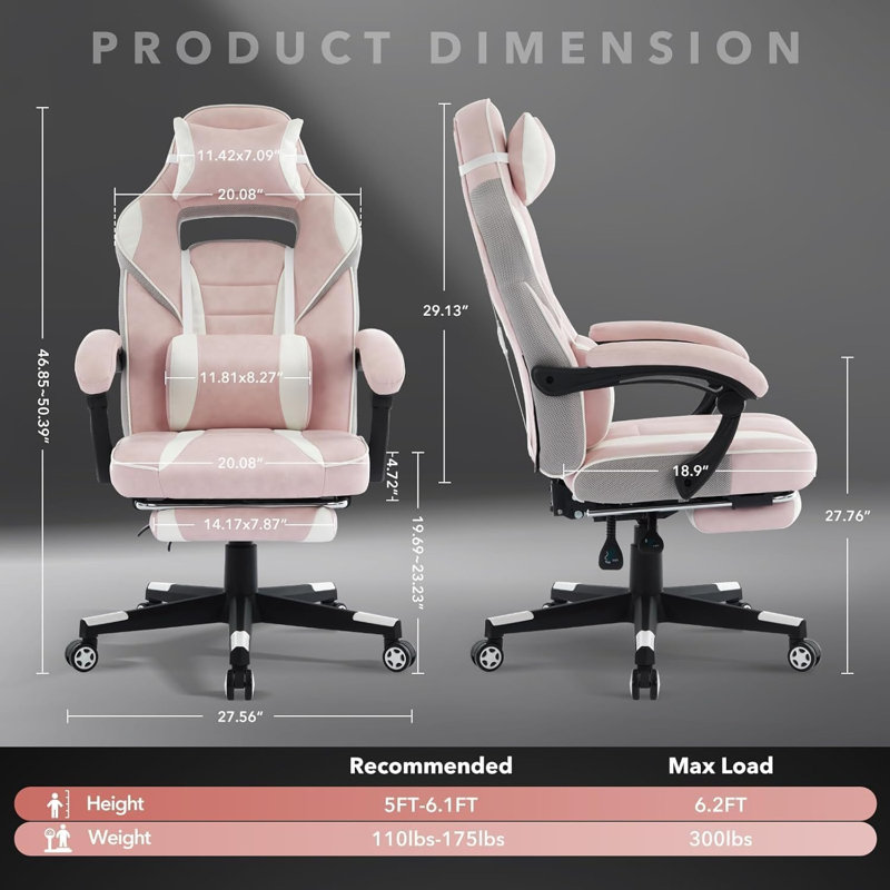 Ergonomic Gaming Chair with Footrest, High Back PU Leather Computer Desk Chair, Adjustable Lumbar Support & Headrest, 3D Armrests, Reclining Office Chair with Memory Foam for Big and Tall, Pink