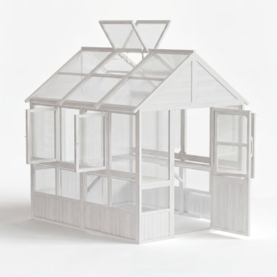 Wood Greenhouse With Polycarbonate Panels, Outdoor Garden House With Adjustable Roof Vents & Reinforced Frame