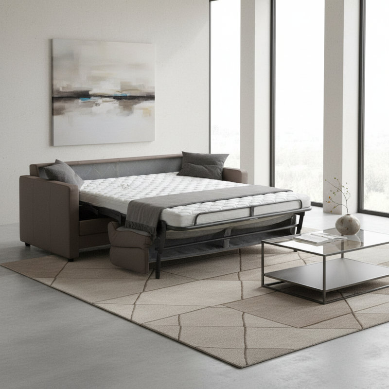 Adalise Italian 77" Genuine Top Grain Leather Queen Square Arm Pull Out Sleeper Sofa Bed with Memory Foam Mattress