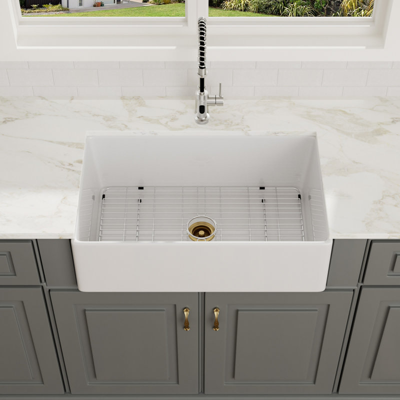 Évier de cuisine encastré en céramique blanc avec grille et crépine L 30 po x l 18 po