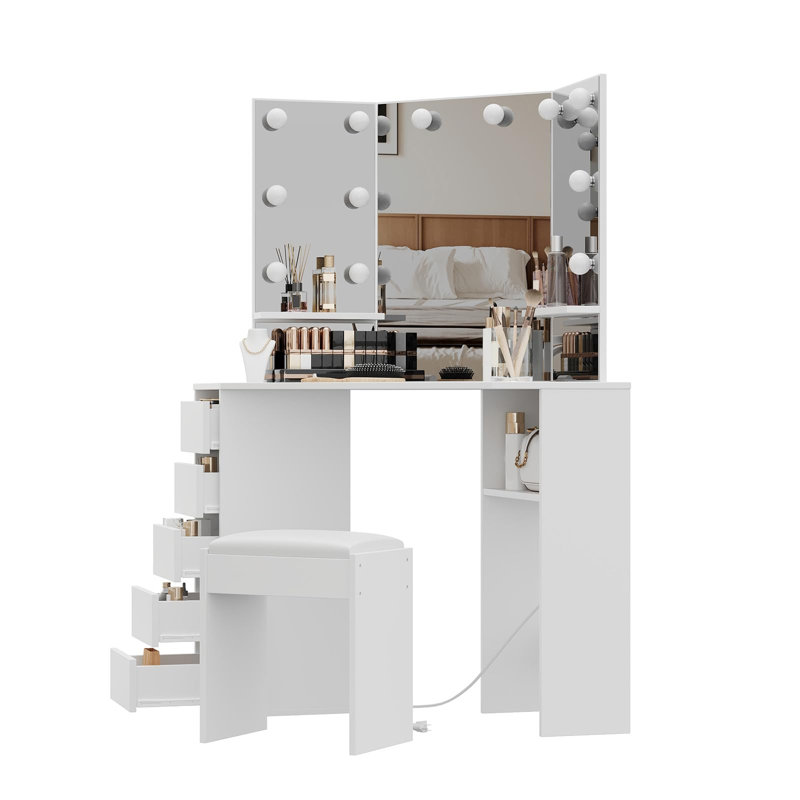 Meuble-lavabo de coin et tabouret, bureau de meuble-lavabo de coin avec miroir et lumières, meuble-lavabo de coin avec prise de courant, lumière réglable à 3 couleurs et luminosité, blanc