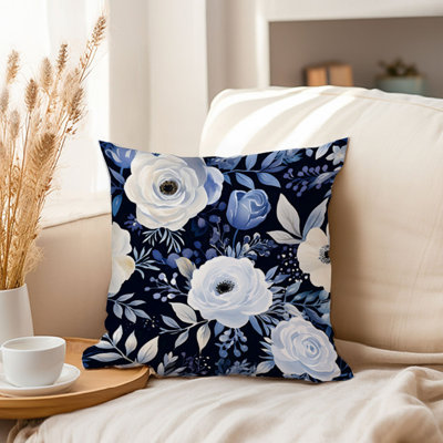 Floral Navy Blue Flowers Pattern IV Flower Pillow Cover