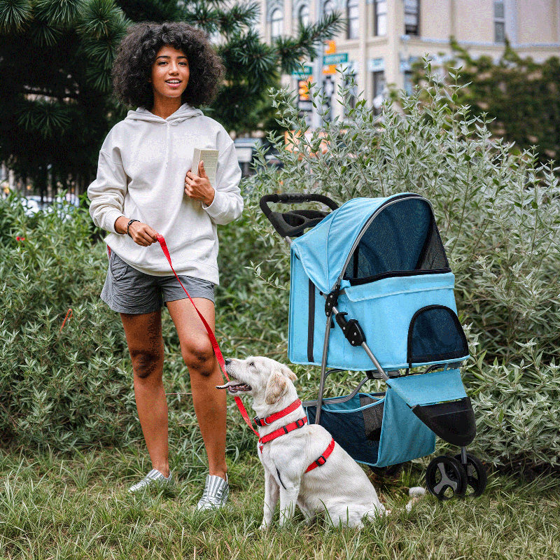 Foldable Pet Stroller, 3 Wheels Folding Carrier Jogger Stroller for Dogs Cats with Canopy and Basket, Blue/Solid