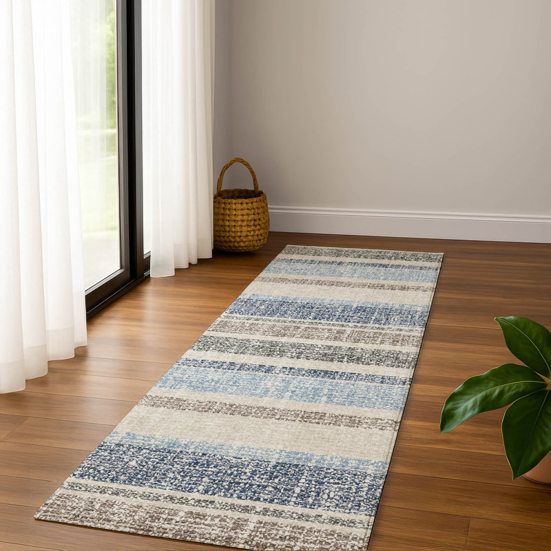 Premium Machine Washable Mayfield AMF2122 Striped Rug, 2'3" x 7'6" Runner, Navy