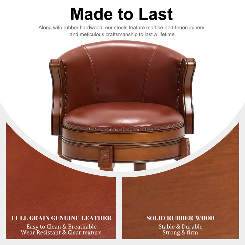 Swivel Bar Stool with Top-Grain Leather Seat, Soft Back, Rubber Wood Frame & Footrest for Kitchen, Dining, or Bar, Brown
