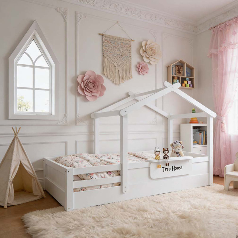 Lit double pleine grandeur avec garde-corps et toit, lit pour enfant avec petit plateau intégré et panneau d'installation libre