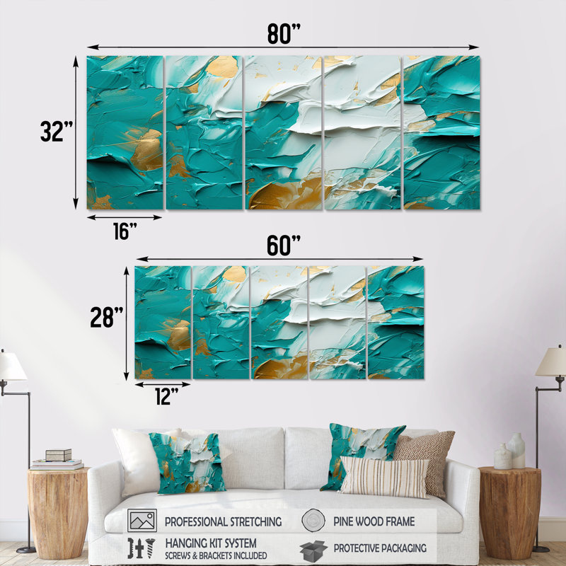 «Gold Bliss Marine Joy Teal White», ensemble de 5 décorations murales abstraites, H 28 po x l 60 po