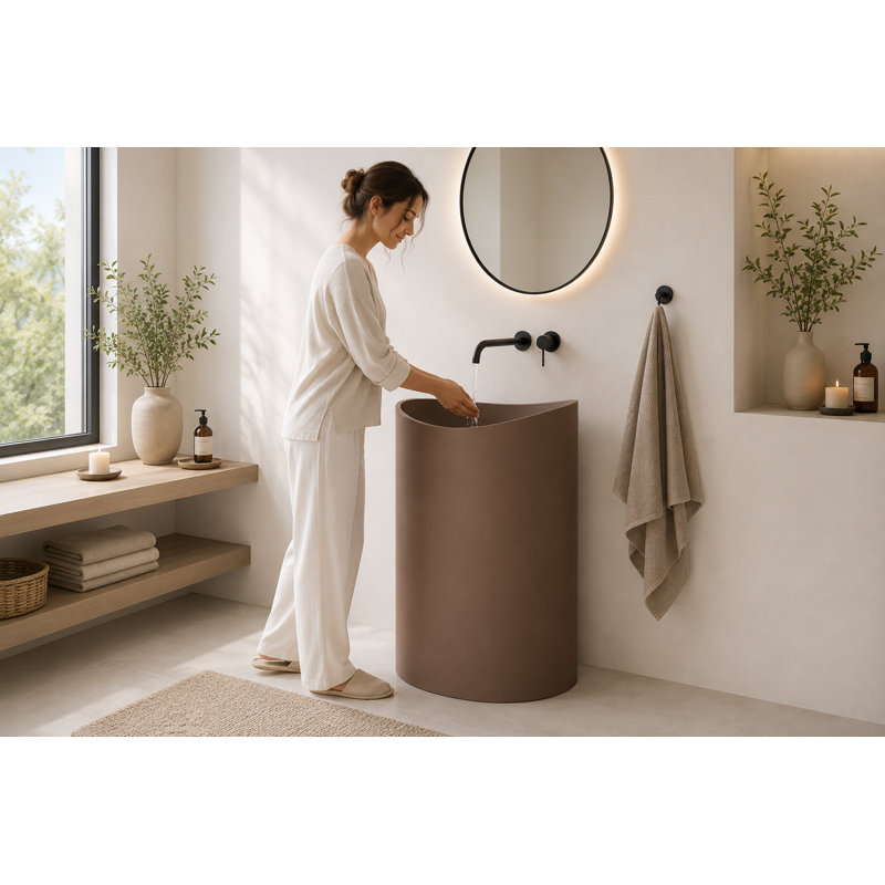 Lavabo de salle de bain autoportant 33,9 po, Béton surélevé brun terre