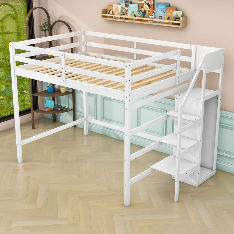 Lit mezzanine double en bois Hrissonka avec garde-robe et garde-corps intégrés, Blanc