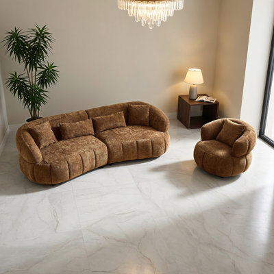 Living Room Set of 2 Inluded loveseat and Armchair, Modern Curved Sectional Sofa, 102.36 Inches Chenille Fabric Couch, Brown Upholstered