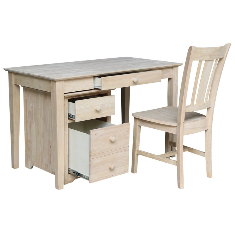 White Rubberwood Writing Desk with Filing Cabinet and Chair