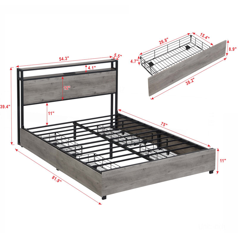 Bed Frame, Storage Headboard with Charging Station, Solid and Stable, Noise Free, No Box Spring Needed, Easy Assembly, Gray