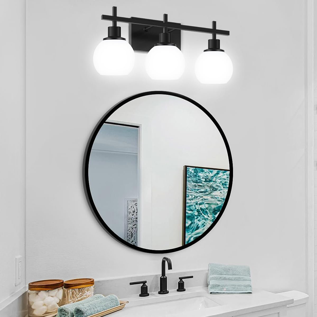 Ebern Designs Modern Vanity Lighting Fixtures,3-Light Black Bathroom  Lighting Fixtures Over Mirror,Bathroom Wall Mounted Vanity Light With Milky  White Glass Lampshade For Living Room,Bedroom,Hallway | Wayfair, image size:1200x1200
