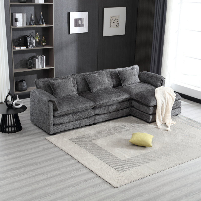 Canapé modulaire en forme de L de 112 po avec repose-pieds et mousse à mémoire de forme Millan, Boucle gris