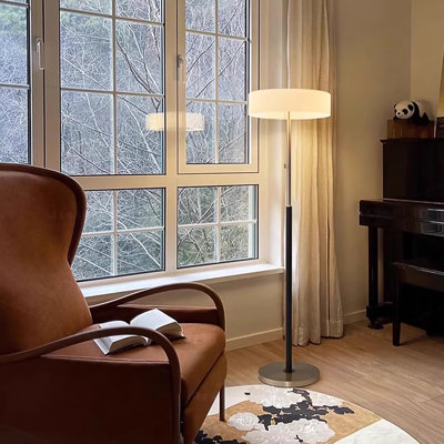 Modern Wrought Iron, Solid Wood and Glass Floor Lamp