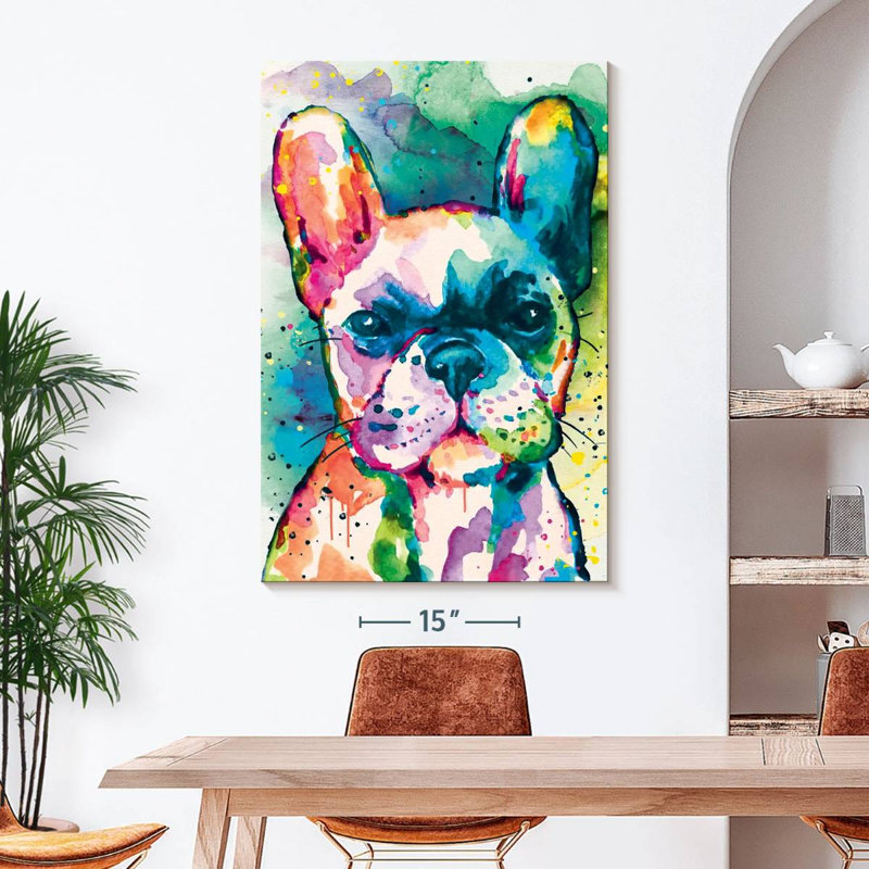Bouledogue français, peinture sur toile, H 48 po x l 32 po x P 1,25 po
