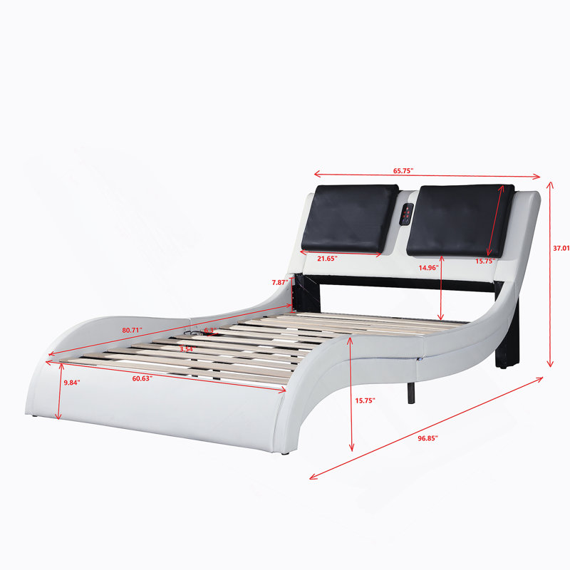 Faux Leather Upholstered Platform Bed Frame with led lighting ,Bluetooth connection to play music /RGB control,Backrest vibration massage,Curve Design, Wood Slat Support, No Box Spring Needed
