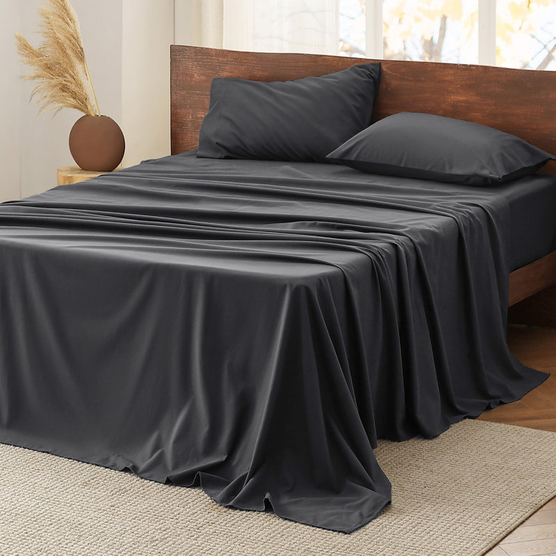 Ensemble de lit en flanelle 100% coton, Ensemble de draps pour grand lit avec 2 taies d'or, Gris noir