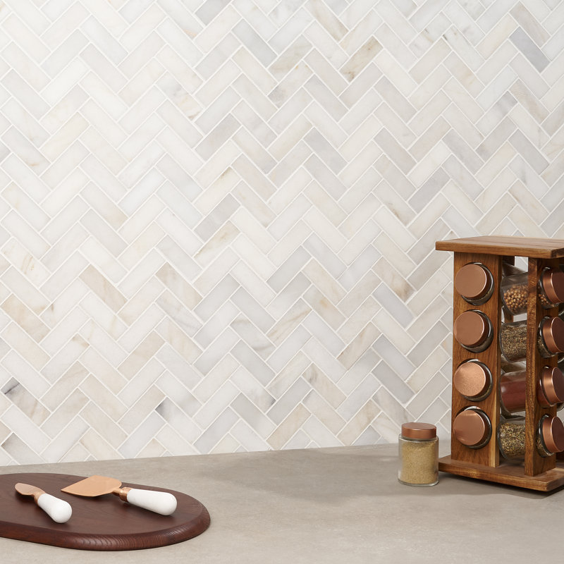 White Jade 11.92 In. X 12.79 In. Herringbone Polished Marble Mosaic Tile (5.3 Sq. Ft. / Case)