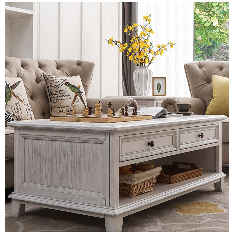 Four-drawer coffee table in solid white wood., 20.08" H x 43.31" L x 23.62" W