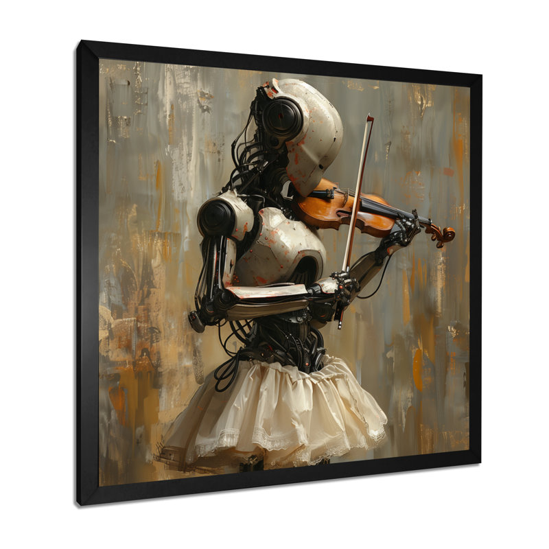 Rétro robot jouant du violon - Robots, art mural, salon, Toile encadrée noire simple, H 36 po x l 36 po x P 1,5 po