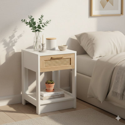 Table de bout en rotin de 15,75 pouces avec un tiroir. Une table de chevet ou une table d'appoint moderne pour une utilisation dans les salons et les chambres à coucher, dans une finition blanche.