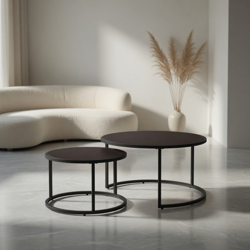 Ensemble de 2 tables d'appoint modernes modernes en similicuir avec base en métal noir, table d'appoint pour salon, brun foncé