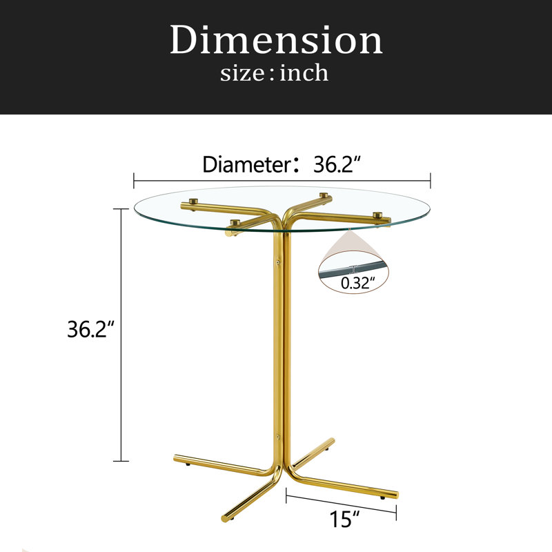 Table de bar ronde en verre, table de bar ronde de 36 pouces, plateau de table en verre trempé, support robuste à quatre colonnes plaqué chrome doré, convient aux tables de bar rondes transparentes dans les petits espaces, cuisines