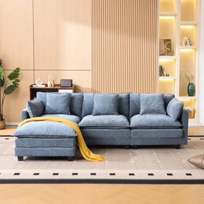3 - Seat Chenille L Shaped With For Apartment, Convertible To Bed, Medium Soft And Back Cushions Blue Living Room, Upholstery, Steel Spring Foam Filling