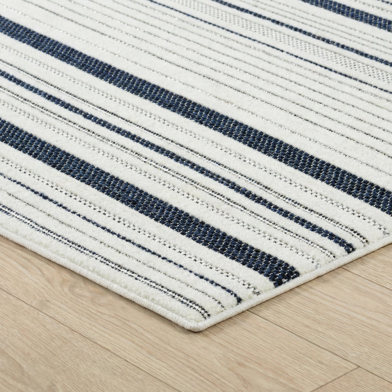 Rug Branch Maris 6' x 9' (5'11" x 9'0") Cream/Blue Striped Indoor Area Rug, Contemporary, Low Pile, Stain-Resistant Carpet - Living Room, Bedroom, Dining Room, and Kitchen
