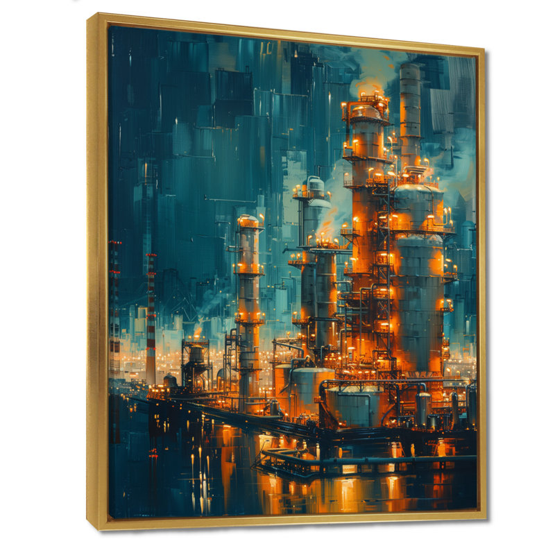 Reproduction d'art mural «Crude Oil Refinery At Night I - Factories», Toile avec cadre flottant or